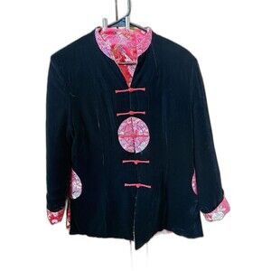 Reversible Asian Jacket Black Velvet Red Satin Asian Boho Floral Print L Padded